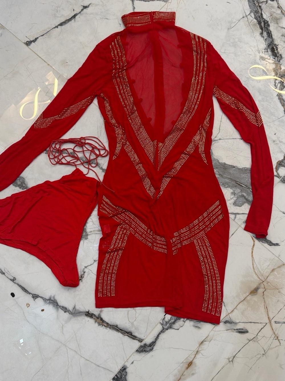 New Red Embellished Long-Sleeve Women’s Sheer dress small